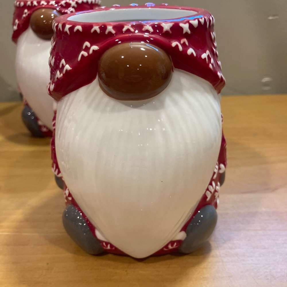 Rare Pottery Barn Sweater Gnome Shaped Mugs w/red & white "knit sweater" design